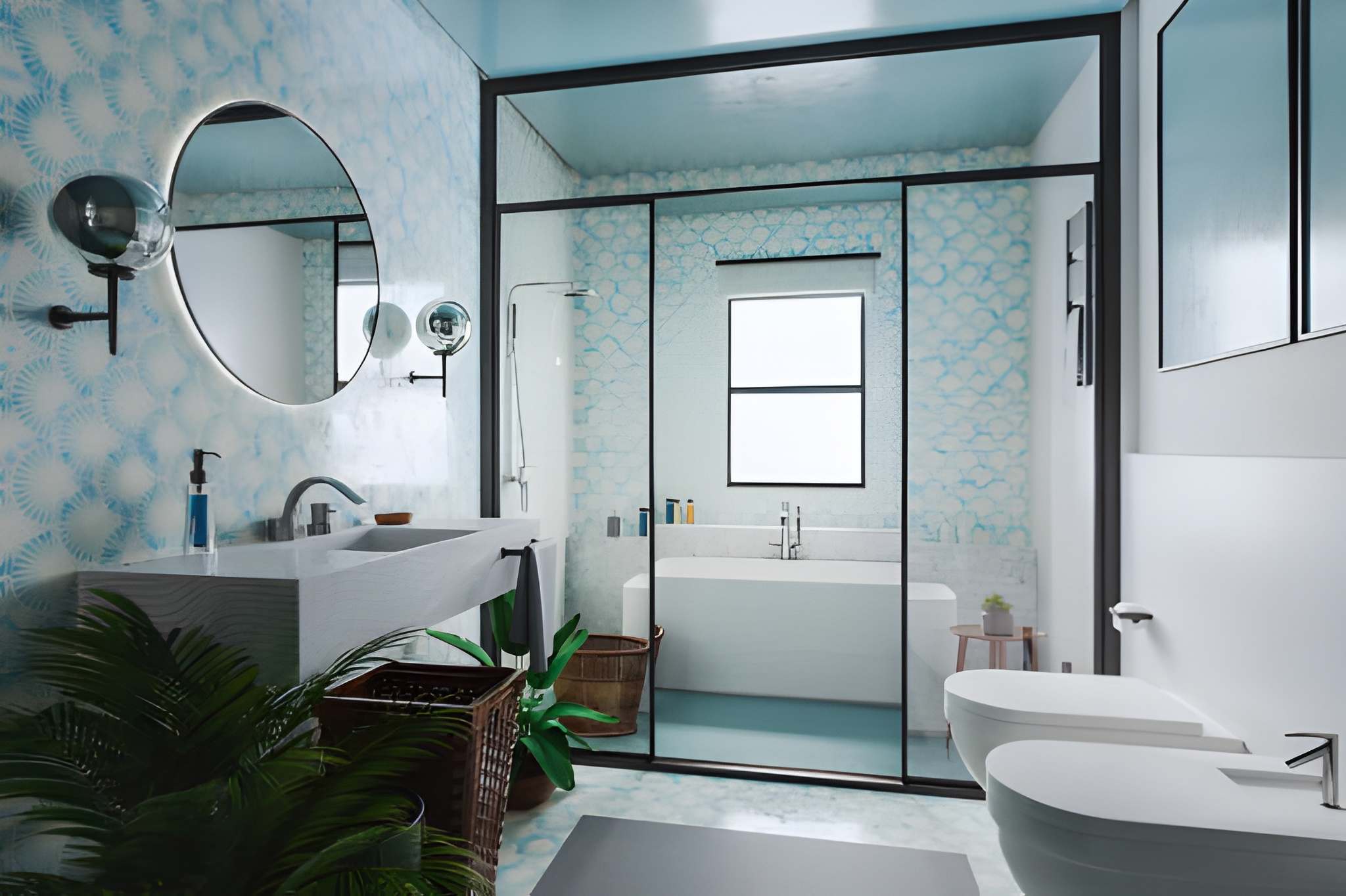 Elegant bathroom remodel Palm Beach Gardens—glass-enclosed tub, double sink, and serene modern design.