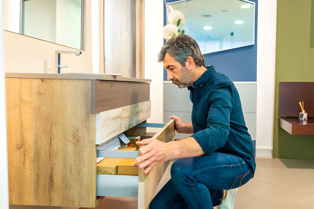 Custom bathroom cabinet contractor Port St. Lucie—professional inspecting vanity drawer in modern bathroom.