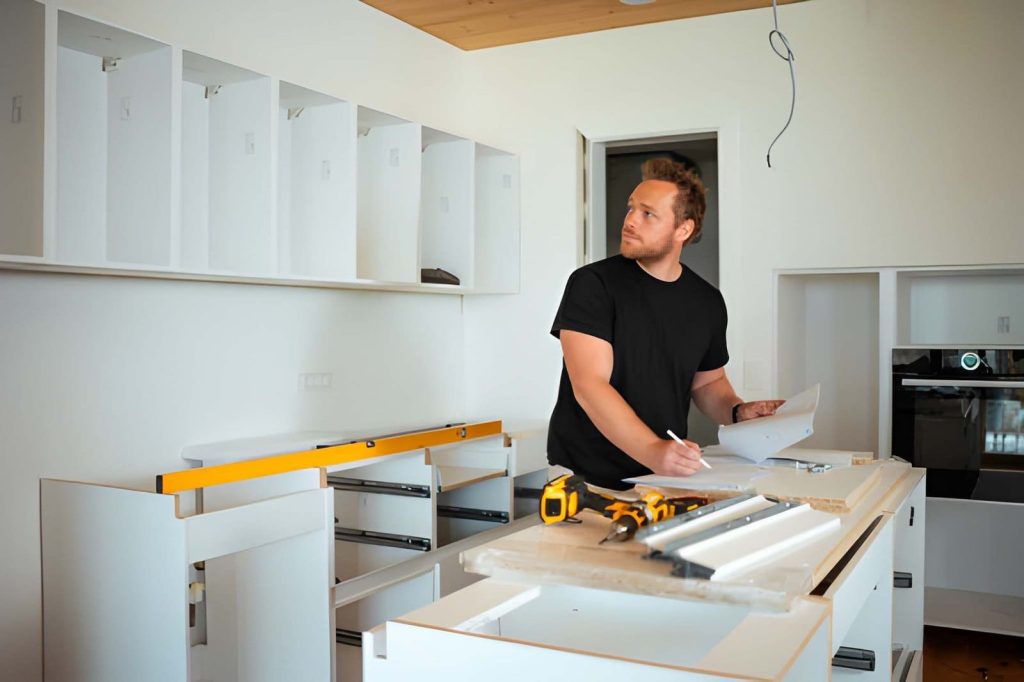 Kitchen remodel Fort Pierce—contractor reviewing plans while assembling modern white cabinets.