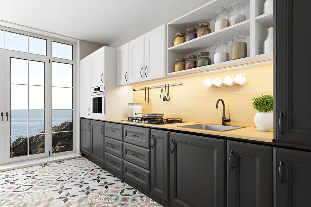Cabinet makers Jupiter FL modern kitchen with white and gray cabinets overlooking coastal view.