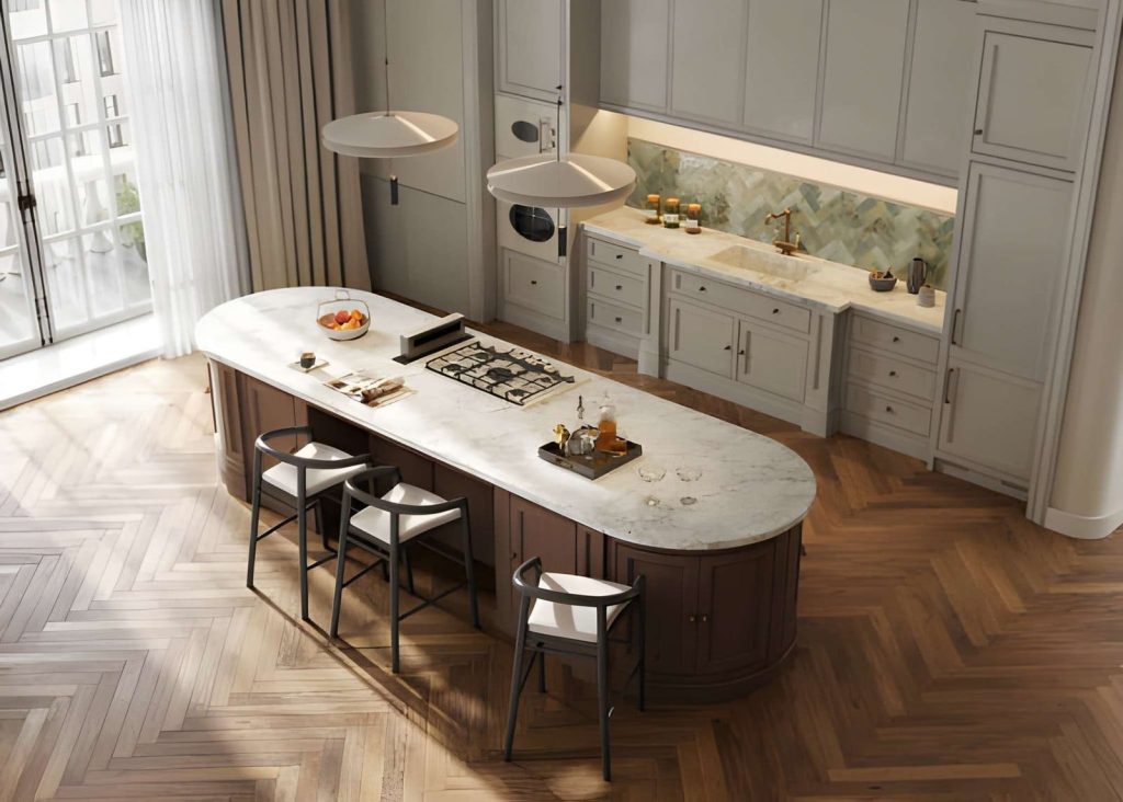 Countertops West Palm Beach—luxury kitchen island with white marble surface and modern design.