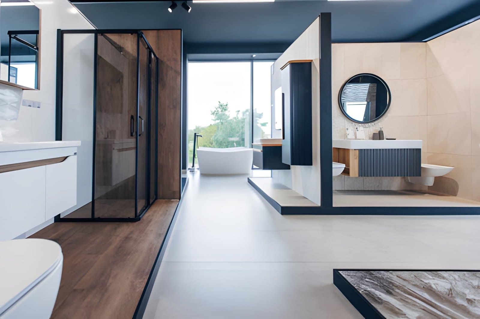 Bathroom remodeling Vero Beach modern interior with glass shower, freestanding tub, and floating vanity